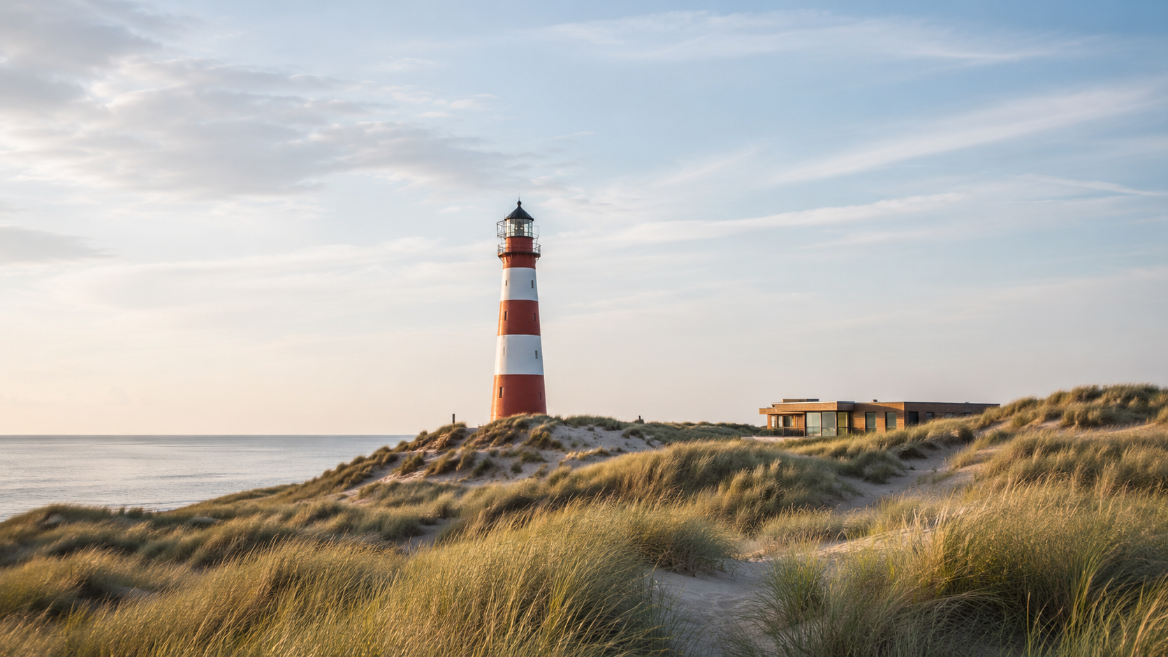 Leuchtturm und Praxisgebäude an der norddeutschen Küste